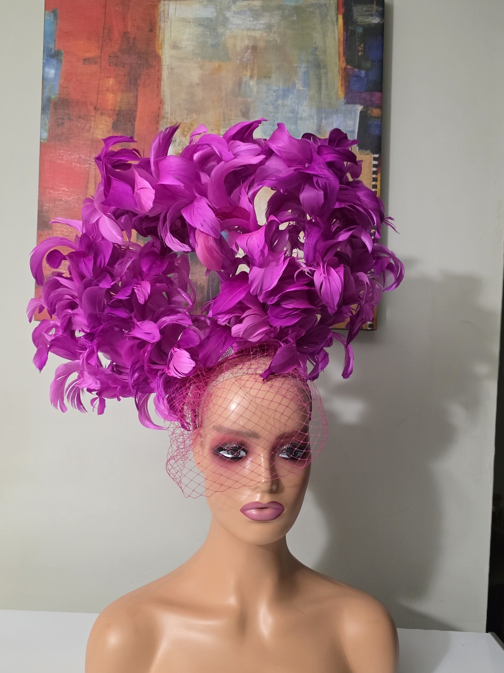 Statement Hot Pink Feather Fascinator with Veil